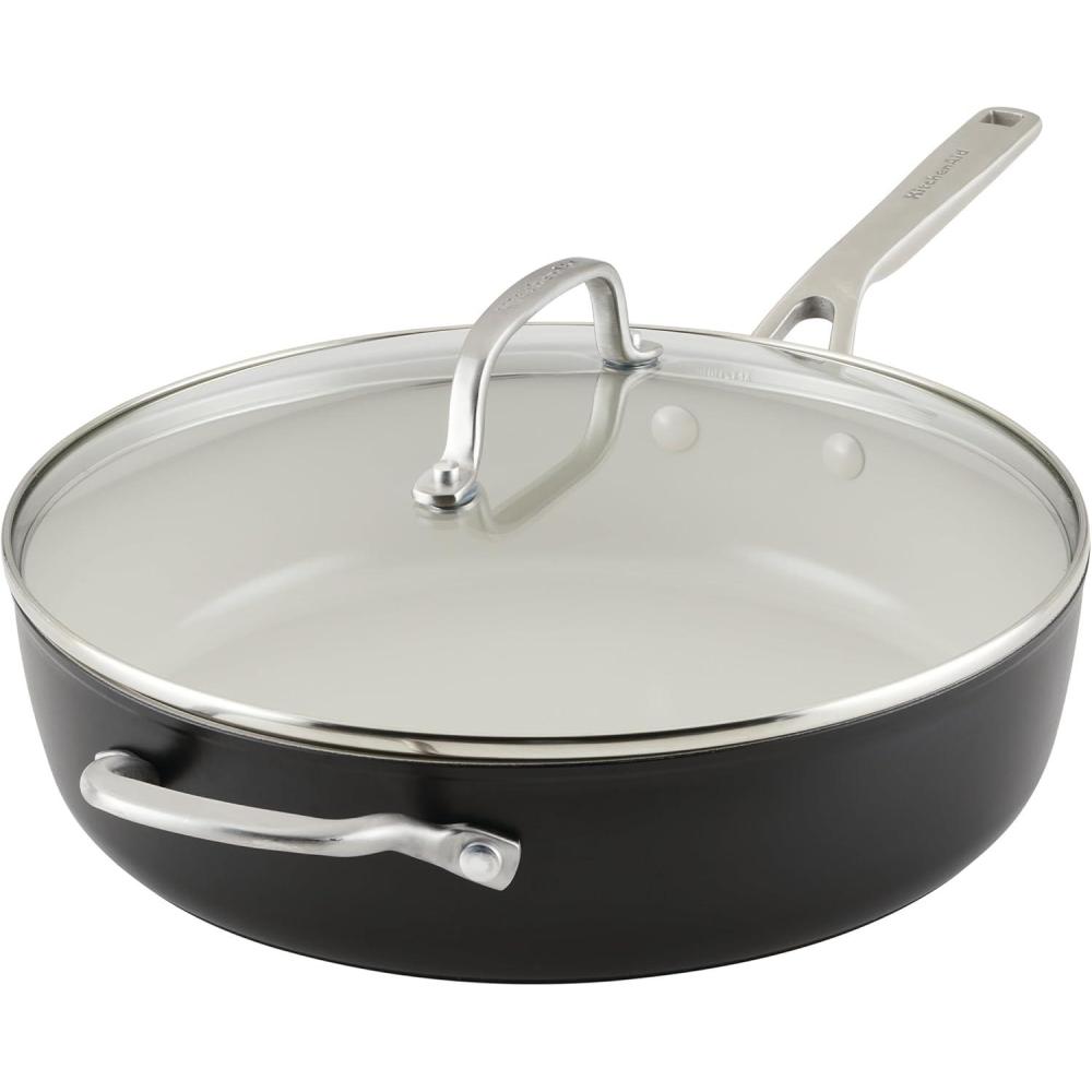 imageKitchenAid Hard Anodized Ceramic Nonstick Saut Pan with Lid 5 Quart PistachioMatte Black