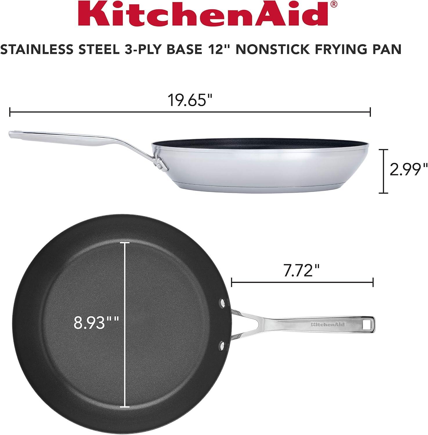 imageKitchenAid 71010 3Ply Base Brushed Stainless Steel Nonstick Frying PanFry PanSkillet 12 Inch12 Inch