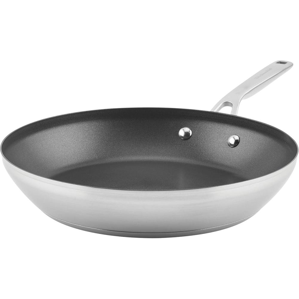 imageKitchenAid 71010 3Ply Base Brushed Stainless Steel Nonstick Frying PanFry PanSkillet 12 Inch12 Inch