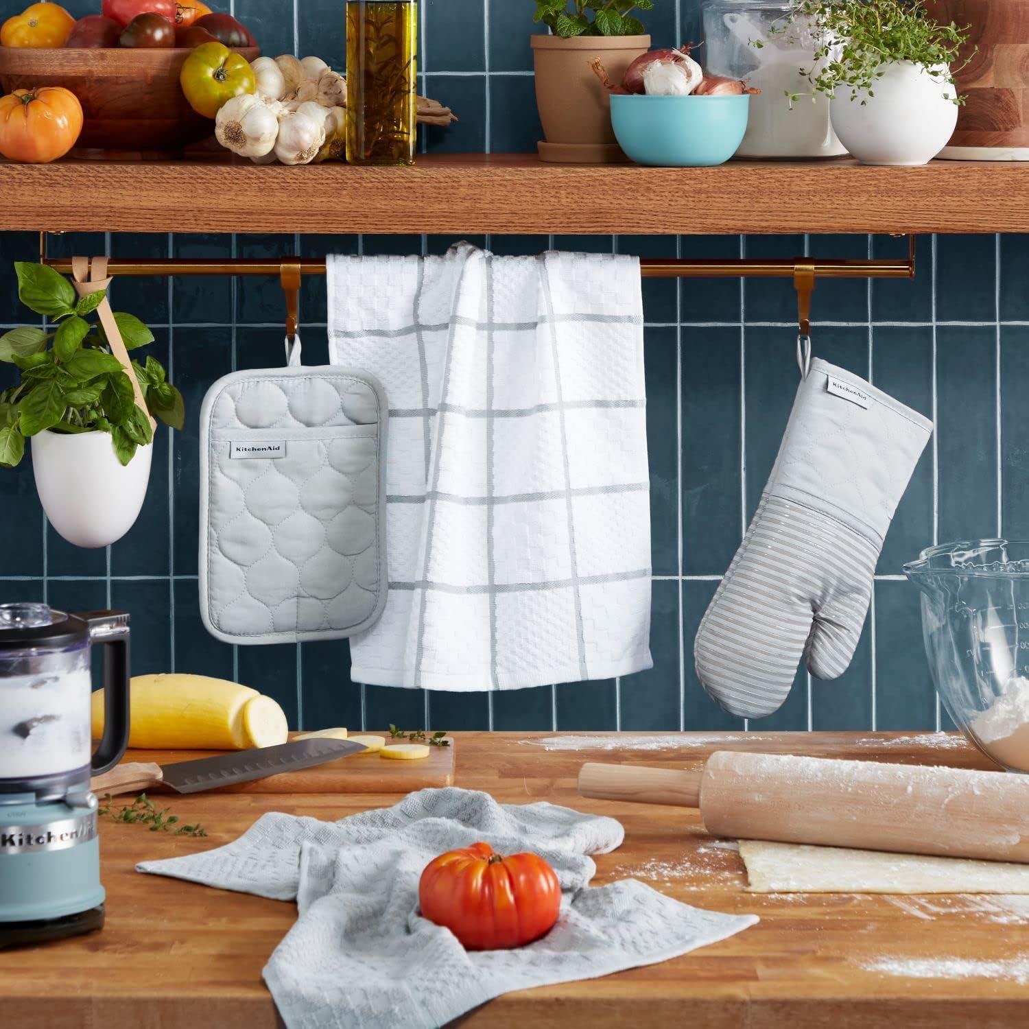 imageKITCHENAID Quilted Cotton Terry Cloth Oven Mitt Pot Holder Kitchen Towel 4Pack Set Heat Resistant Silicone Grip Gift Set Passion Red 16x26 7x13 amp 7x10Matte Grey
