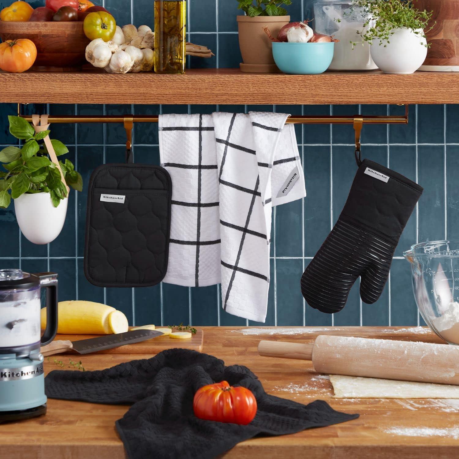 imageKITCHENAID Quilted Cotton Terry Cloth Oven Mitt Pot Holder Kitchen Towel 4Pack Set Heat Resistant Silicone Grip Gift Set Passion Red 16x26 7x13 amp 7x10Matte Black
