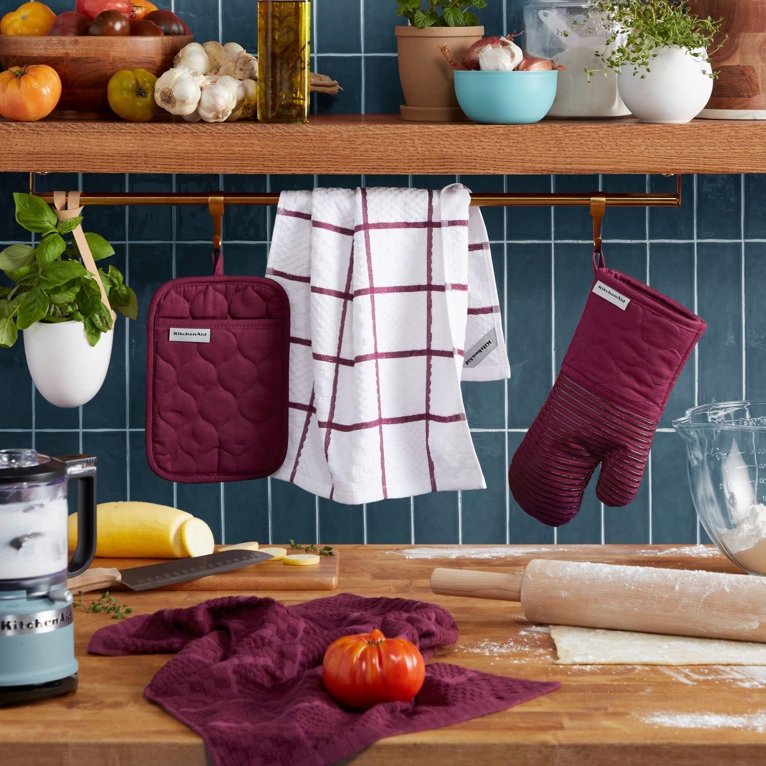 imageKITCHENAID Quilted Cotton Terry Cloth Oven Mitt Pot Holder Kitchen Towel 4Pack Set Heat Resistant Silicone Grip Gift Set Passion Red 16x26 7x13 amp 7x10Beet
