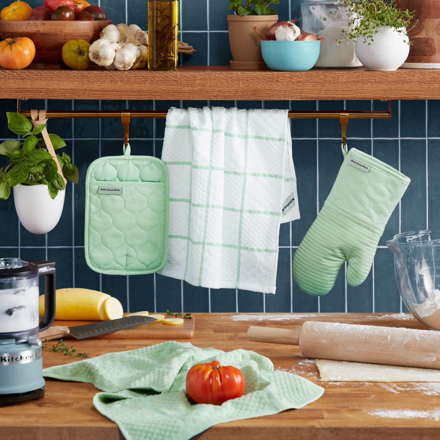 imageKITCHENAID Quilted Cotton Terry Cloth Oven Mitt Pot Holder Kitchen Towel 4Pack Set Heat Resistant Silicone Grip Gift Set Passion Red 16x26 7x13 amp 7x10Pistachio