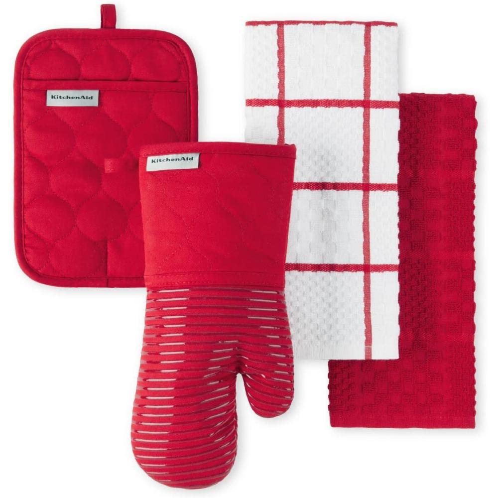 imageKITCHENAID Quilted Cotton Terry Cloth Oven Mitt Pot Holder Kitchen Towel 4Pack Set Heat Resistant Silicone Grip Gift Set Passion Red 16x26 7x13 amp 7x10Passion Red