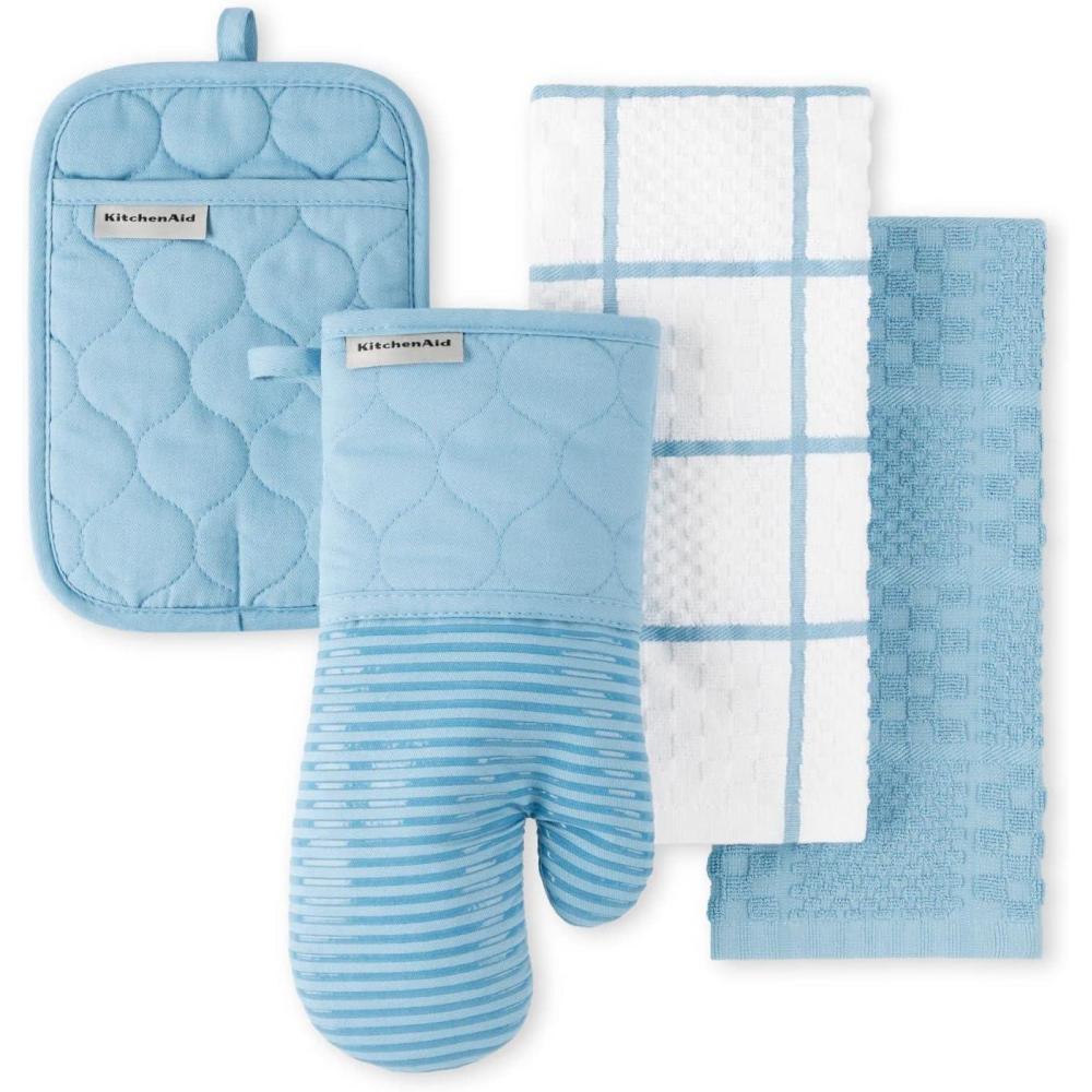 imageKITCHENAID Quilted Cotton Terry Cloth Oven Mitt Pot Holder Kitchen Towel 4Pack Set Heat Resistant Silicone Grip Gift Set Passion Red 16x26 7x13 amp 7x10Blue Velvet