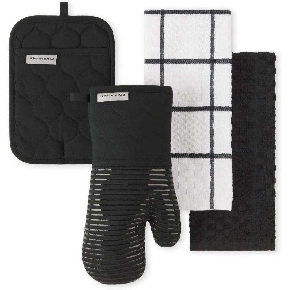 imageKITCHENAID Quilted Cotton Terry Cloth Oven Mitt Pot Holder Kitchen Towel 4Pack Set Heat Resistant Silicone Grip Gift Set Passion Red 16x26 7x13 amp 7x10Matte Black