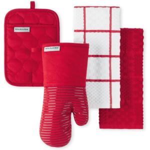 KITCHENAID Quilted Cotton Terry Cloth Oven Mitt, Pot Holder, Kitchen Towel 4-Pack Set, Heat Resistant, Silicone Grip, Gift Set, Passion Red, 16″x26″, 7″x13″ & 7″x10″(Passion Red)