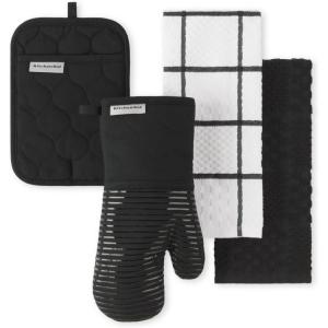KITCHENAID Quilted Cotton Terry Cloth Oven Mitt, Pot Holder, Kitchen Towel 4-Pack Set, Heat Resistant, Silicone Grip, Gift Set, Passion Red, 16″x26″, 7″x13″ & 7″x10″(Matte Black)