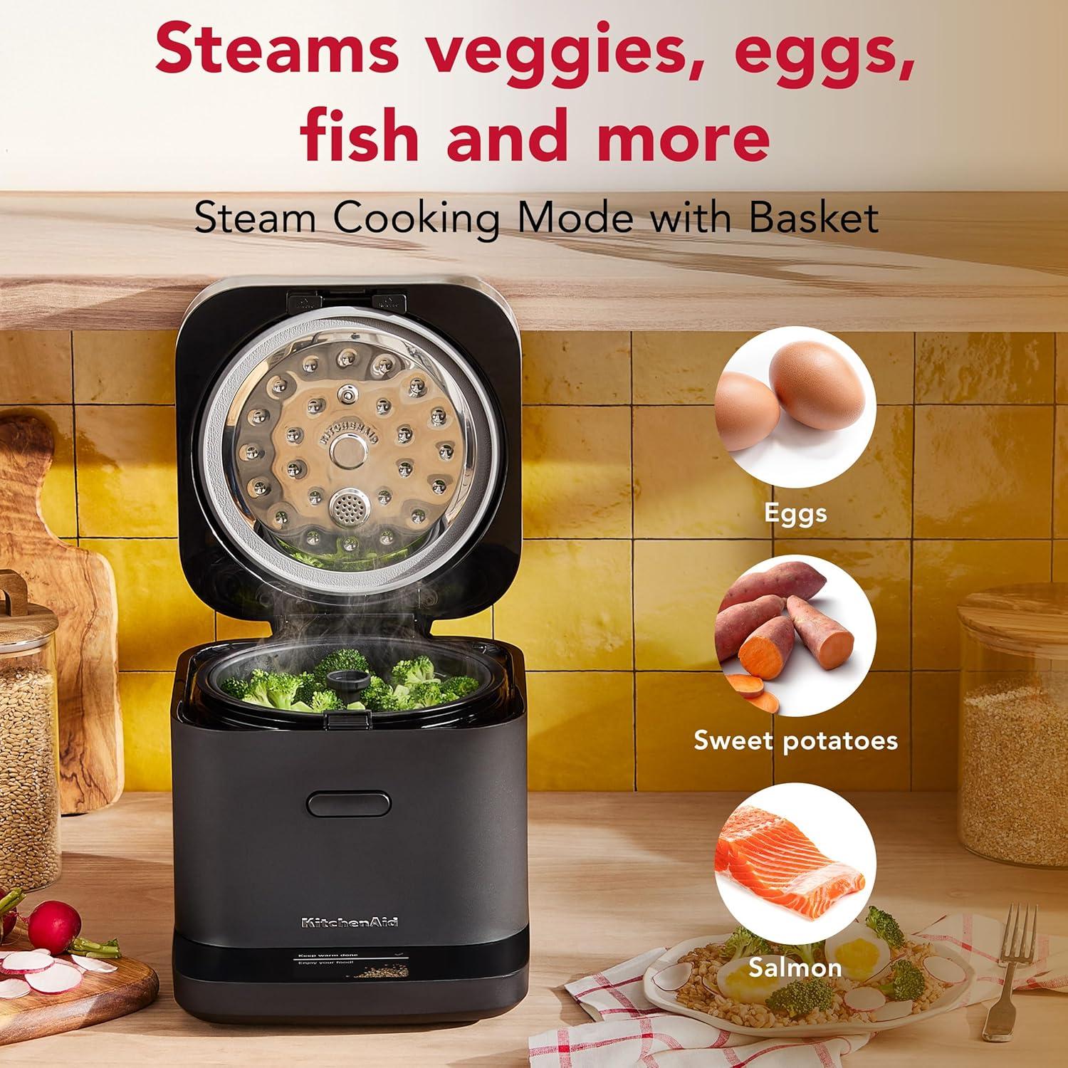imageKitchenAid Compact 8 Cup Grain and Rice Cooker with Automatic Sensing and Integrated Scale KGC2154 Porcelain WhiteBlack Matte