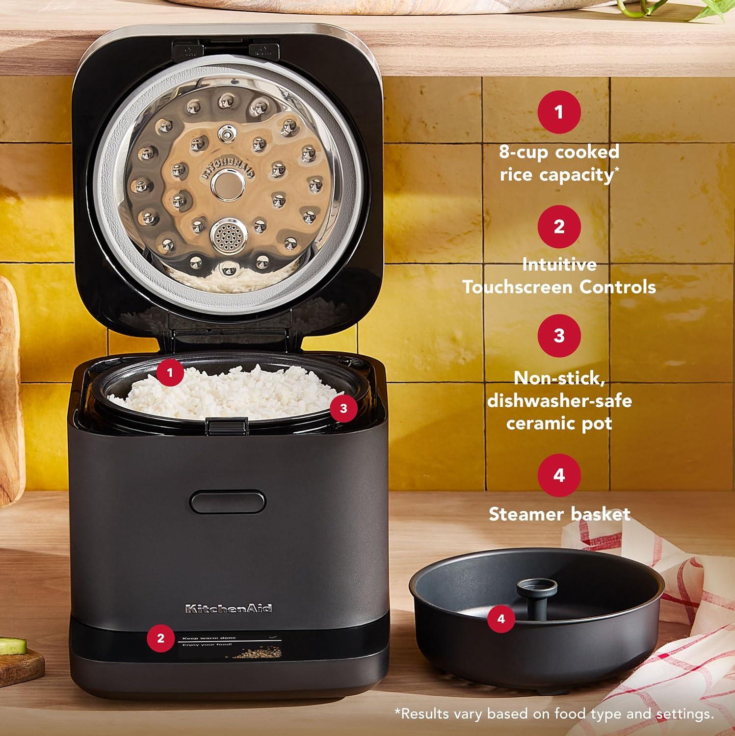 imageKitchenAid Compact 8 Cup Grain and Rice Cooker with Automatic Sensing and Integrated Scale KGC2154 Porcelain WhiteBlack Matte