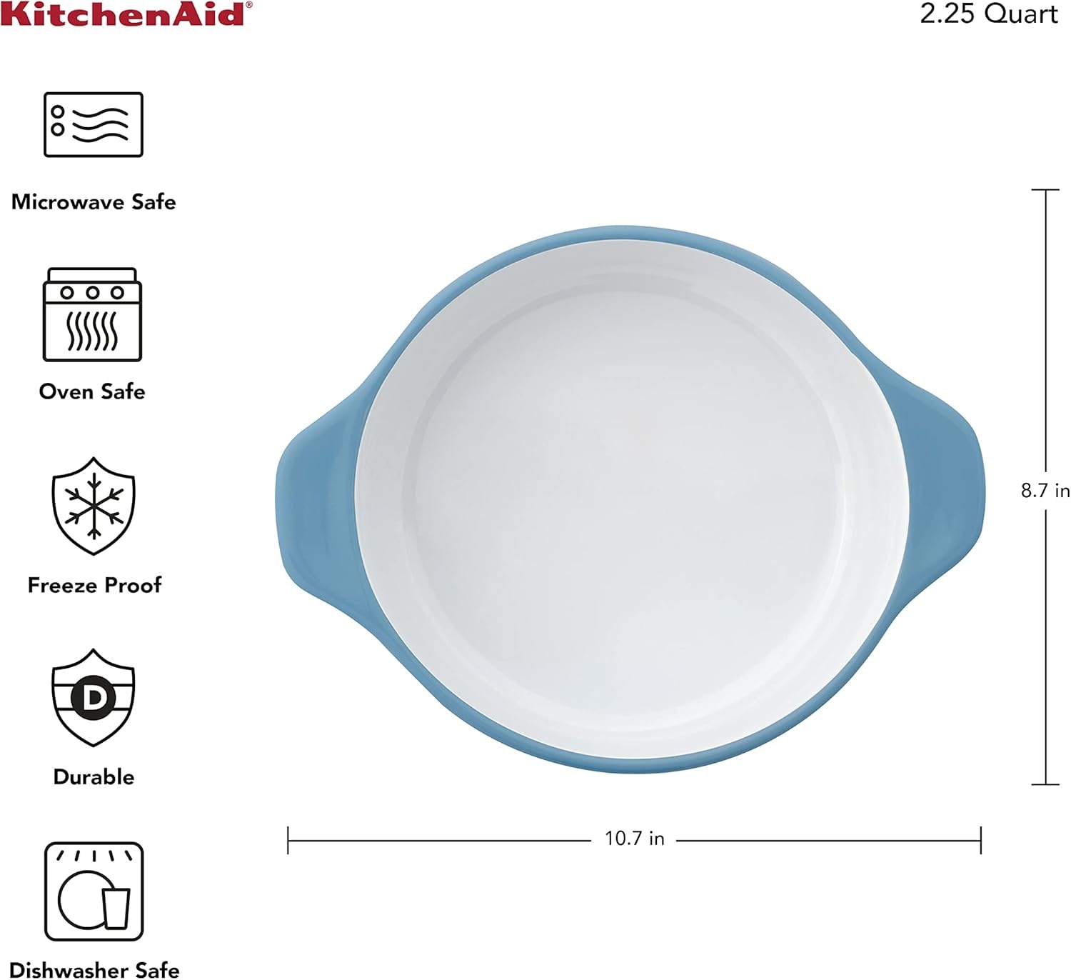 imageKitchenaid Vitrified Stoneware Round Casserole Baker 225Quart Blue Velvet