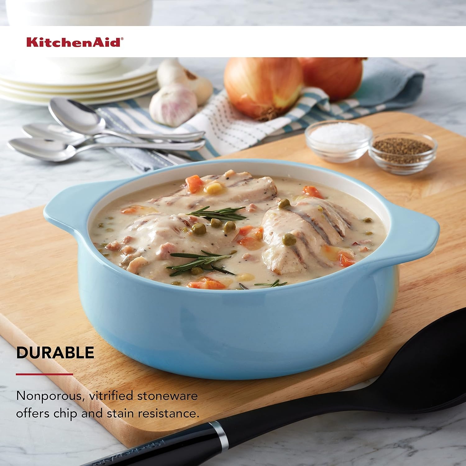 imageKitchenaid Vitrified Stoneware Round Casserole Baker 225Quart Blue Velvet