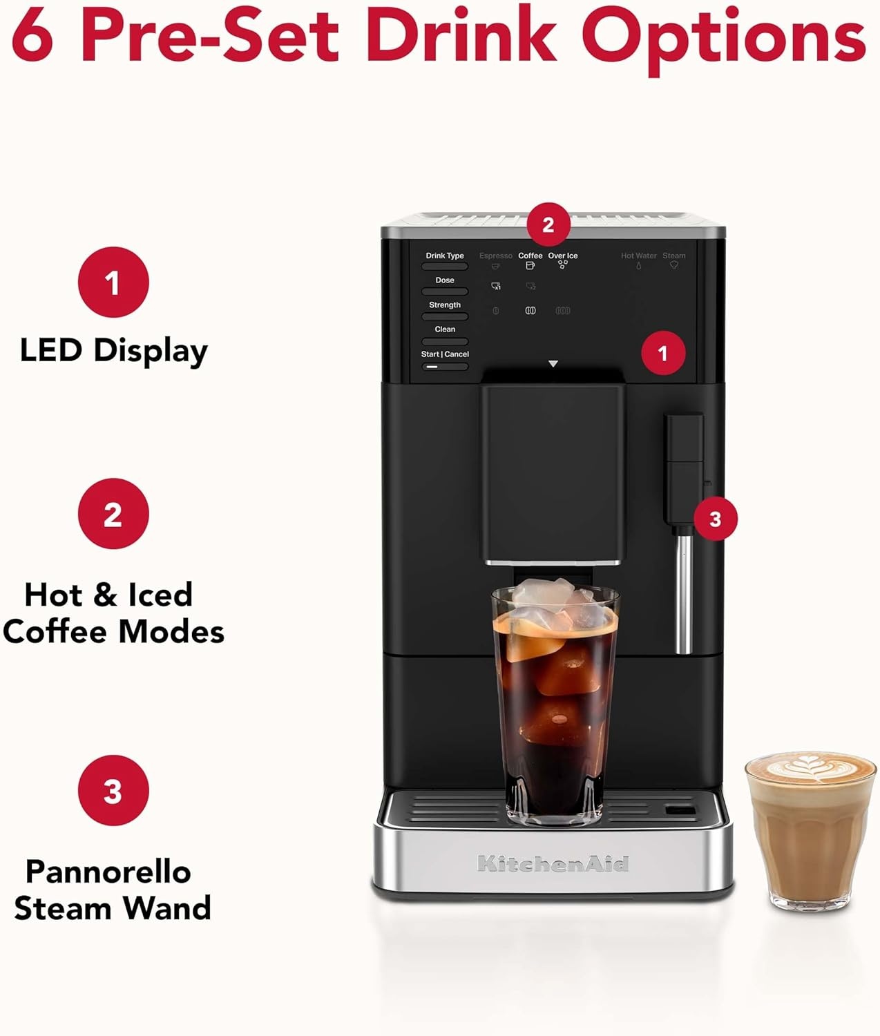 imageKitchenAid Fully Automatic Espresso Machine KF2 with 6 Hot and Iced Coffee Options BuiltIn Grinder Steam Wand Black Matte KES8452
