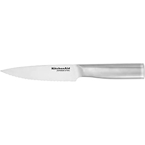 KitchenAid Gourmet Forged Triple-Rivet Serrated Bread Knife with Custom-Fit Blade Cover, 8-inch, Sharp Kitchen Knife, Japanese Stainless Steel Blade, Black(5.5-Inch Serrated Utility Knife)