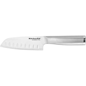 KitchenAid Gourmet Forged Triple-Rivet Serrated Bread Knife with Custom-Fit Blade Cover, 8-inch, Sharp Kitchen Knife, Japanese Stainless Steel Blade, Black(5-Inch Santoku Knife)